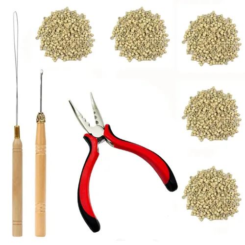 Miniatura 8 de Kit de herramientas de extensiones de cabello, 500 piezas de cuentas de microanillo, 1 alicates de extensión de cabello, 1 aguja de gancho, 1 lazo