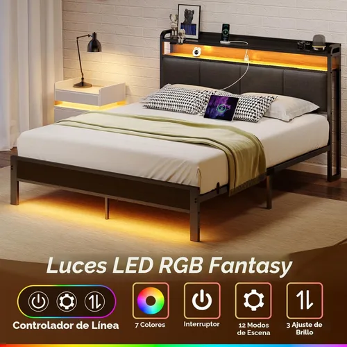 Miniatura 3 de Rolanstar Armazón de cama tamaño completo con estación de carga y luces LED, cabecera tapizada con estantes de almacenamiento, listones de metal