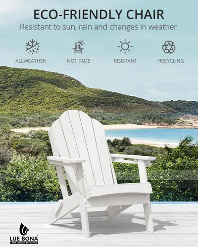 Miniatura 5 de LUE BONA Silla Adirondack plegable, juego de 2, portavasos, grano de madera, hoguera, patio, piscina, color blanco All-weather Use, Woodgrain