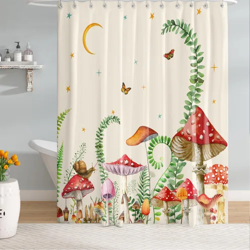 Cortinas de ducha vintage de 72 x 72 pulgadas, diseño rústico retro de luna y mariposa, impermeable, cortina de ducha tropical para baño