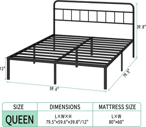 Miniatura 2 de Base de cama Queen con cabecera clásica, fuerte soporte de listones de metal, espacio de almacenamiento debajo de la cama, no necesita somier, fácil