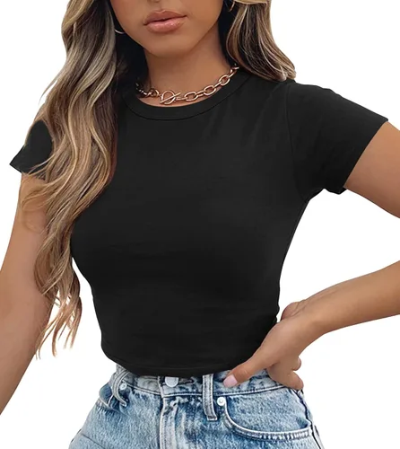 Miniatura 3 de Artfish Camiseta básica para mujer, cuello redondo, manga corta, ajustada, casual, para entrenamiento