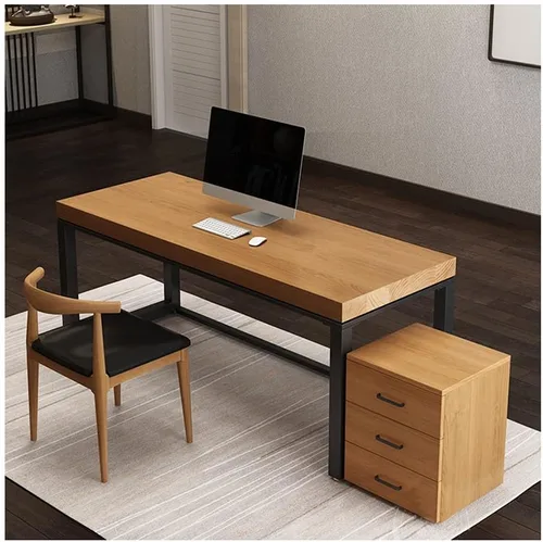 Escritorio de madera maciza para oficina en casa, con 3 capas de cajones y sillas de madera maciza, patas de metal / tablero de pino de 2.0 in