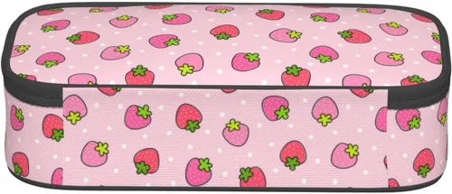 Miniatura 8 de Estuche para lápices con lunares rosados de fresa de gran capacidad, bolsa de papelería con cremallera, soporte portátil para bolígrafos