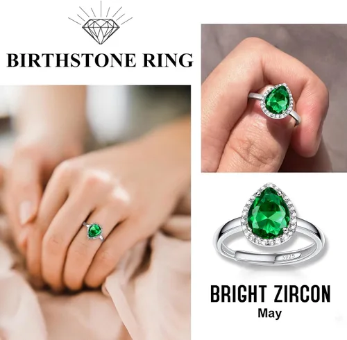 Miniatura 3 de 925 Sterling Silver Birthstone Rings for Women Girls with Clear 2ct HeartRoundTeardropSquare Crystal, Solitaire Diamond Halo Open Bands Cubic