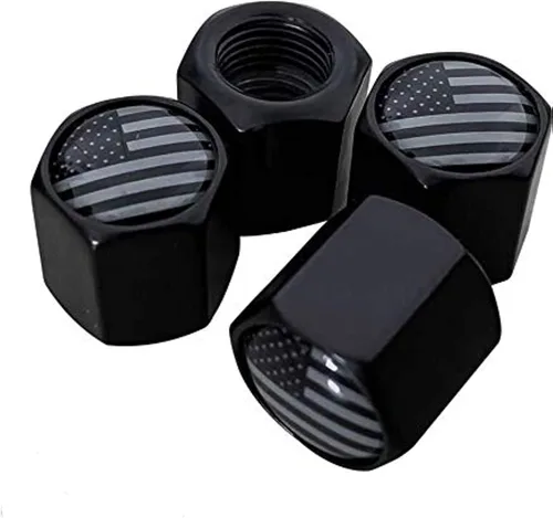 TACTILIAN Tapones de válvula de neumático con bandera estadounidense, paquete de 4 unidades, aluminio templado negro con junta tórica de goma, tapas