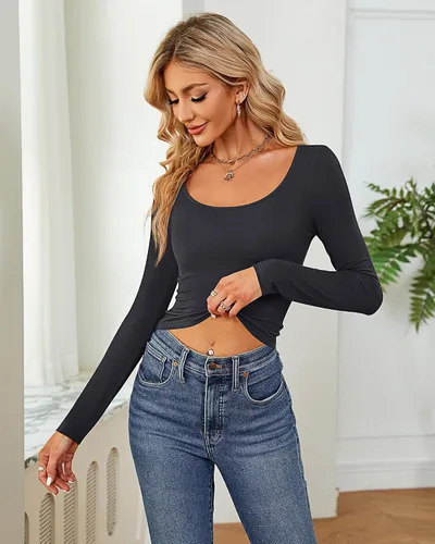Miniatura 7 de 3 piezas de camisetas cortas básicas de manga larga para mujer, ajustadas, cuello redondo, color liso, casual, para mujer