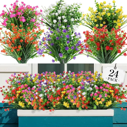 AGIRL 24 paquetes de flores artificiales para exteriores, sin decoloración, flores falsas de plástico para decoración, plantas sintéticas para
