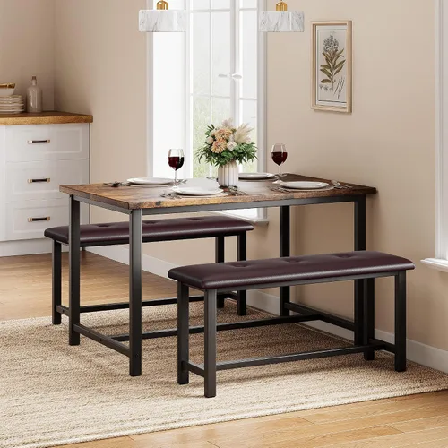 Miniatura 2 de Alkmaar Juego de mesa de cocina con 2 bancos tapizados para 4 personas, mesa rectangular de metal y madera para espacios pequeños, apartamento