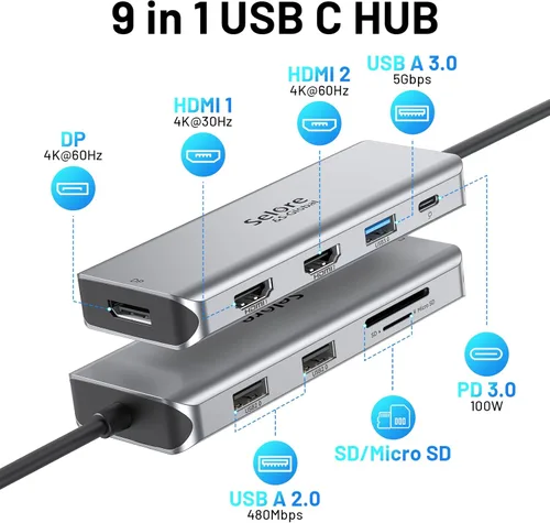 Miniatura 2 de Estación de acoplamiento USB C Monitor dual, estación de acoplamiento de triple pantalla USB C 9 en 1 a adaptador HDMI dual Displayport SD TF lector
