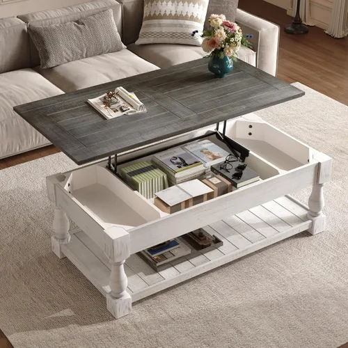 Miniatura 13 de 31.52" Square Lift Top Coffee Table with Storage, Natural Rattan & Hemp Rope, Adjustable Function, Vintage Farmhouse Center Table for Living Room