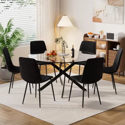 Miniatura 22 de Moderno juego de mesa redonda de vidrio para 4, 36 pulgadas, pequeña base negra de vidrio templado con 4 sillas de comedor minimalistas beige, juego