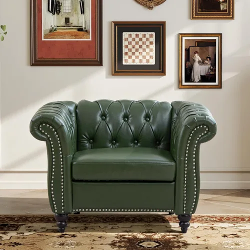 Miniatura 14 de LEVNARY Sillón tapizado de cuero, moderno sofá individual de mediados de siglo con brazos enrollados y cabeza de clavo, silla Chesterfield de piel