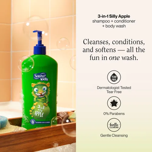 Miniatura 2 de Suave Champú 3 en 1 para niños, acondicionador y gel de baño Silly Apple, fórmula suave sin desgarros para el cabello y la piel de los niños