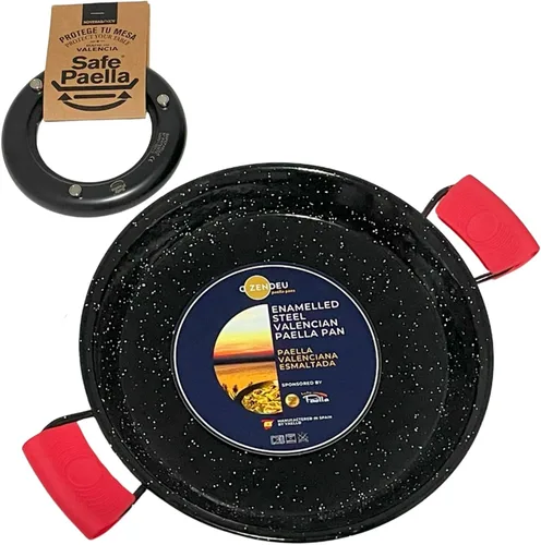Kit de paella segura – 4 porciones/12 pulgadas esmaltado paella + salvamanteles magnéticos redondos individuales negros de 6 pulgadas + 2 soportes