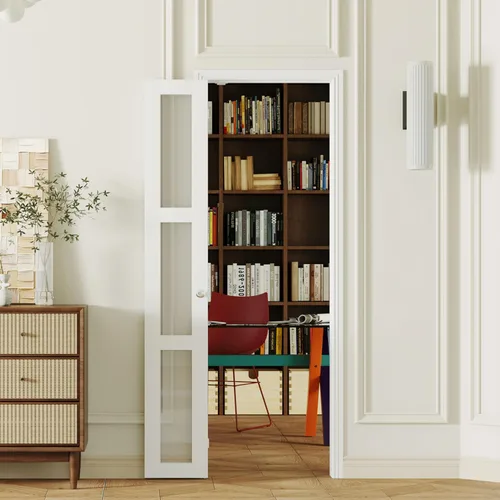 Miniatura 16 de Puerta plegable de 180 grados, para aberturas de 30 ″ x 80 ″, puerta plegable esmerilada blanca 3-Lite con bisagras, juego de herrajes para puertas