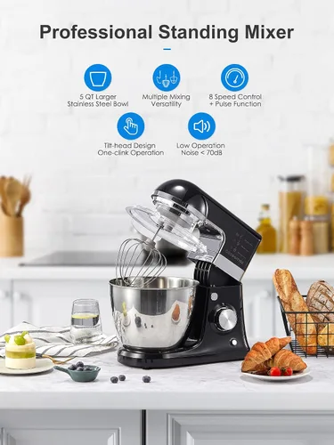 Miniatura 2 de Batidora de masa eléctrica de 8 velocidades con cuenco de acero inoxidable 5Qaurt y protector contra salpicaduras, batidora de cocina, incluye