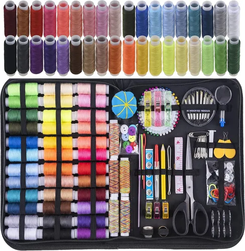 Kit de costura INSCRAFT, 200 suministros de costura premium, 41 carretes de hilo XL, adecuado para viajeros, adultos, principiantes, emergencias,