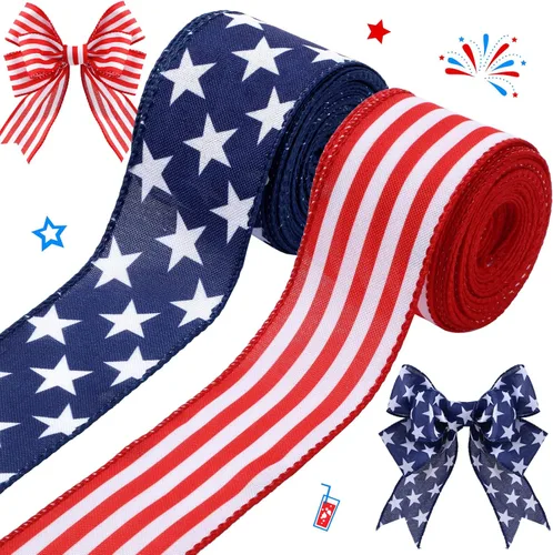 Hoteam 2 rollos de cinta roja, blanca y azul de 20 yardas, cinta patriótica de estrellas y rayas con alambre real de Estados Unidos, manualidades