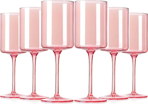 Miniatura 11 de Juego de 6 copas de vino ámbar de 14 onzas sopladas a mano cuadradas de color con tallos altos y largos, juego moderno para todas las ocasiones
