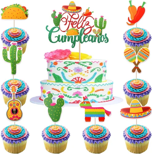 Miniatura 9 de 32 piezas de decoración para cupcakes de fiesta mexicana montados con cactus, burro, maraca, sombrero, guitarra, magdalenas, temática de fiesta