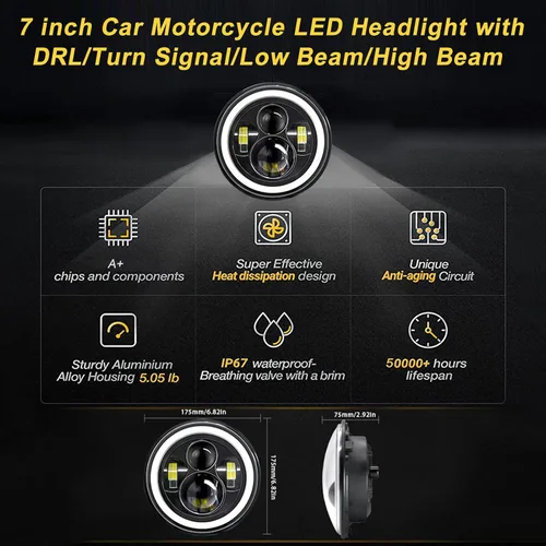 Miniatura 5 de Shkalacar Faro LED H4 de 7 pulgadas 140W Ojos de Ángel Faros redondos 4 modos 14000LM 6000K Blanco/3000K Ámbar Faro de coche y motocicleta Auto Ring