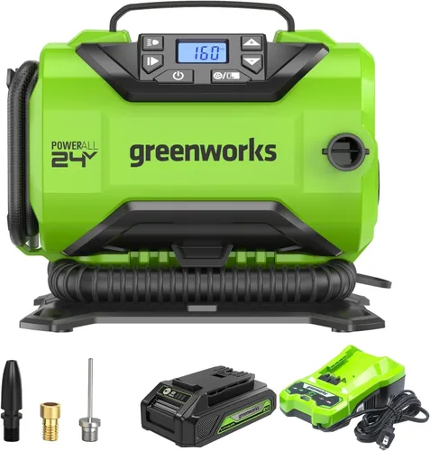 Greenworks Inflador de neumáticos inalámbrico de 24 V con batería USB de 2 Ah y cargador de 2 A, compresor de aire portátil (160 PSI) con apagado
