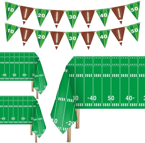 Qyeahkj Suministros para fiestas de fútbol, juego de mantel de rugby, juego de pancartas para mesa de campo de fútbol, incluye banderín de papel