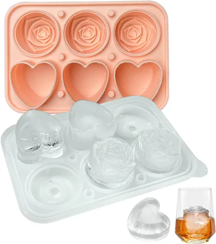 Molde para cubitos de hielo de rosas, bandeja para cubitos de hielo con formas de corazón, molde de hielo de silicona con tapa transparente tipo