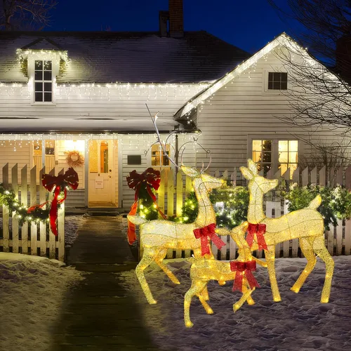 Miniatura 5 de Juego de decoración familiar de renos navideños grandes de 45 pulgadas, 3 piezas hechas a mano con estacas, material seguro LED Plug and Play