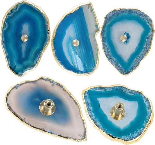Miniatura 5 de Rockcloud Pomos de ágata azul para cajón, tiradores para armario de aparador, rebanada teñida con pomos de borde chapados en oro para decoración