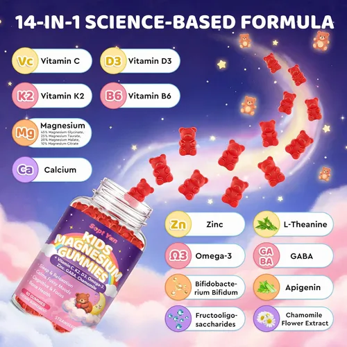 Miniatura 5 de Gomitas calmantes de magnesio para niños y adultos, complejo de magnesio con L-teanina, vitamina C, K2, D3, Omega-3, GABA, manzanilla, apoya