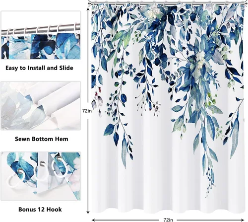Miniatura 6 de Cortina de ducha de eucalipto azul para baño, juego de cortinas de ducha de hojas de acuarela, cortina de ducha impermeable para plantas, tela