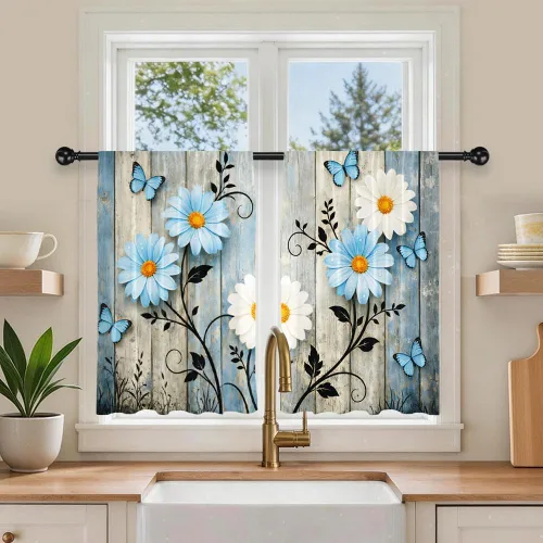 Miniatura 17 de Barn Door Printed Polyester Short Kitchen Curtains 27.5" W x 36" L, Rod Pocket Rustic Wood Door Curtains, Small Decorative Window Curtains for