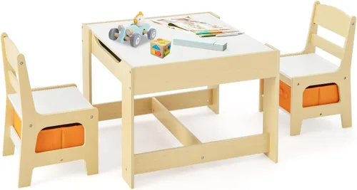 Miniatura 10 de Olakids Juego de mesa y silla para niños, juego de escritorio de madera 3 en 1 con pizarra extraíble, cajón de almacenamiento, mesa de actividades