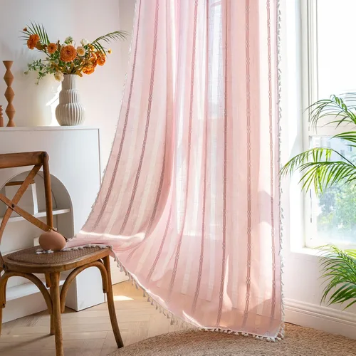 Miniatura 9 de Cortinas de lino de granja estilo bohemio Aveboll de 63" 84" 96" pulgadas de largo, juego de 2 paneles, cortinas modernas y rurales con bordado