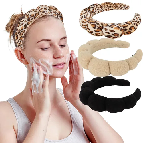 Miniatura 9 de WHAVEL Paquete de 3 diademas de spa para el cuidado de la piel, diadema de maquillaje, diadema de esponja de tela de rizo, diadema de lavado facial