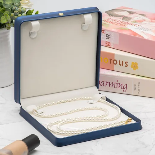 Miniatura 4 de COWFEX Cadena larga de perlas PU collar caja de regalo vitrina soporte de almacenamiento (azul oscuro)