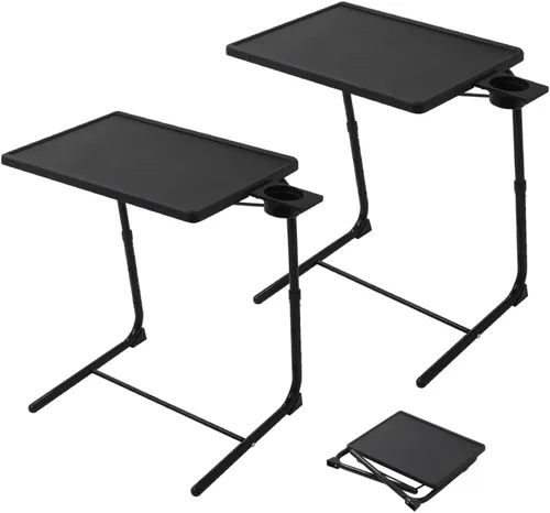 Japard Mesa plegable para TV, mesita de noche pequeña con soporte para tazas, ajustable de 6 alturas y 3 ángulos de inclinación (negro, 2 piezas)