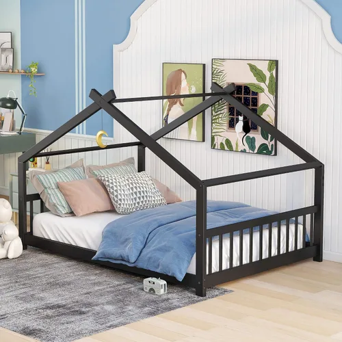 Miniatura 13 de Cama de casa de tamaño individual para niños, base de cama Montessori tamaño individual con cabecero y estribo, cama de madera para niños y niñas