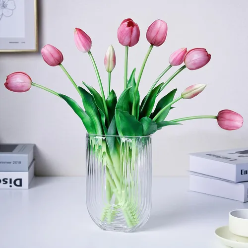 Miniatura 16 de Tulipanes falsos de tacto real premium de 16 pulgadas, flores artificiales con brotes, tallo flexible fácil de moldear, tulipanes sintéticos