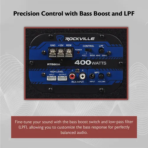 Miniatura 6 de Rockville RTB80A, subwoofer de bajos alimentado de 8 pulgadas y 400 W, forma de tubo con entrada mp3