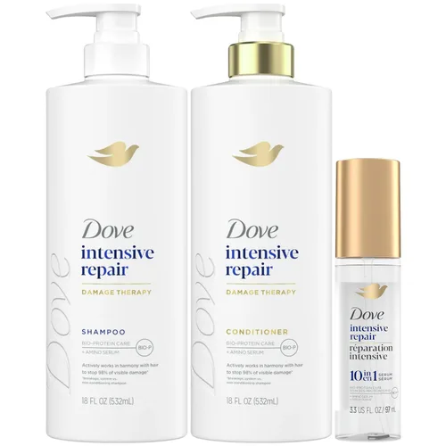 Dove Champú, Acondicionador y Suero en Set, Reparación Intensiva – Terapia de Daño con Fórmulas de Cuidado Bio-Proteína para Restaurar Cabello Seco