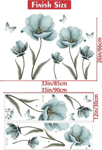 Miniatura 7 de Calcomanías de pared de flores azules de ensueño creativas pintadas con mariposas para pared, pintura romántica, decoración artística, vinilo