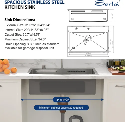 Miniatura 9 de Sarlai - Fregadero de cocina de cascada de 31 pulgadas, de montaje superior - 31x20 Fregadero de cocina con borde y estación de trabajo, de acero