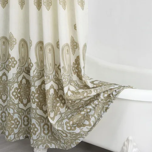 Miniatura 5 de Cortina de ducha de tela, estampado beige y tostado, cortinas de ducha con patrón de damasco bohemio de cachemira para baño, cortinas de baño Hudson
