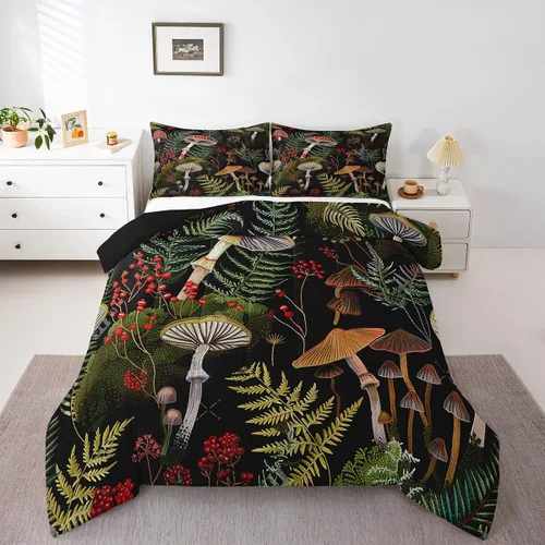 Miniatura 14 de Feelyou Lindo juego de ropa de cama de hongos kawaii tamaño individual para niños y niñas, decoración de hongos salvajes, juego de edredón