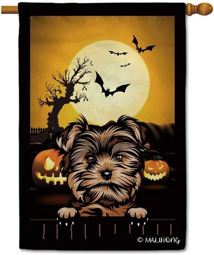Miniatura 36 de Bandera de jardín de calabaza de Feliz Halloween Jack O'Lantern con perro Rhodesian Ridgeback Halloween Bat Boo Bandera decorativa para patio al