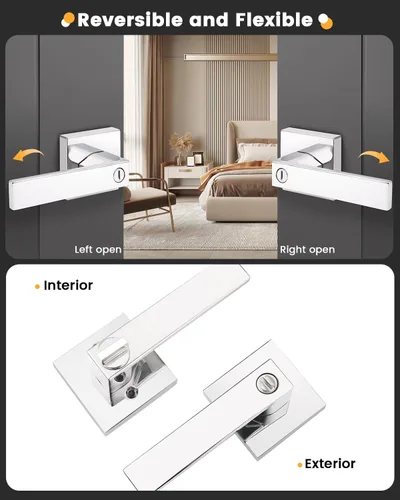 Miniatura 5 de Gobrico Manijas de puerta de privacidad con roseta cuadrada, paquete de 10 cerraduras de cama/baño en cromo pulido para puerta interior Cromado