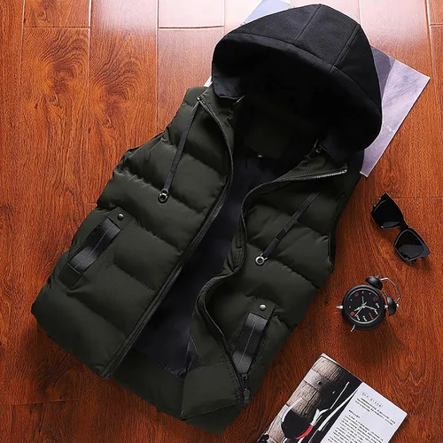 Miniatura 33 de WENKOMG1 Chaleco con capucha con doble cremallera para hombre, abrigo de color sólido, abrigo cálido y grueso, sin mangas, chaqueta suelta